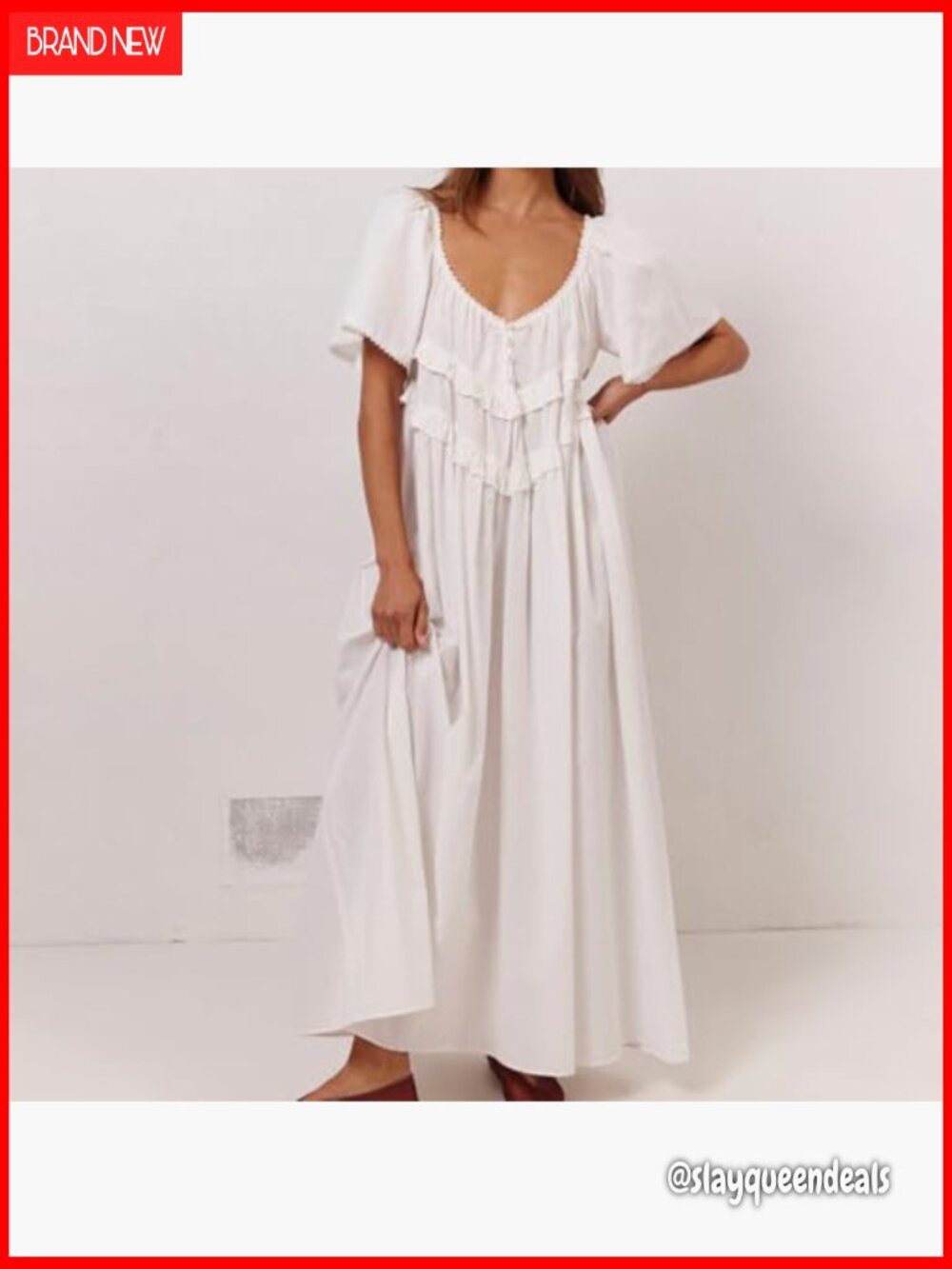 Maxi Dress Low Neckline Open Back Relaxed Fit Long Dress Frill Lace Trim Beach - Picture 2 of 7